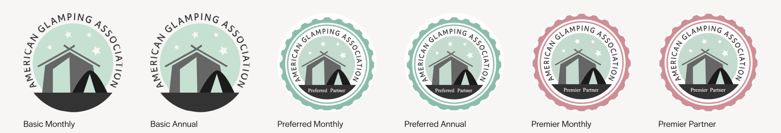 A lineup of six American Glamping Association membership badges, each labeled by tier and billing type. From left to right: Basic Monthly, Basic Annual, Preferred Monthly, Preferred Annual, Premier Monthly, and Premier Partner. Each badge features the AGA logo with visual distinctions such as border colors and labels to indicate membership level.